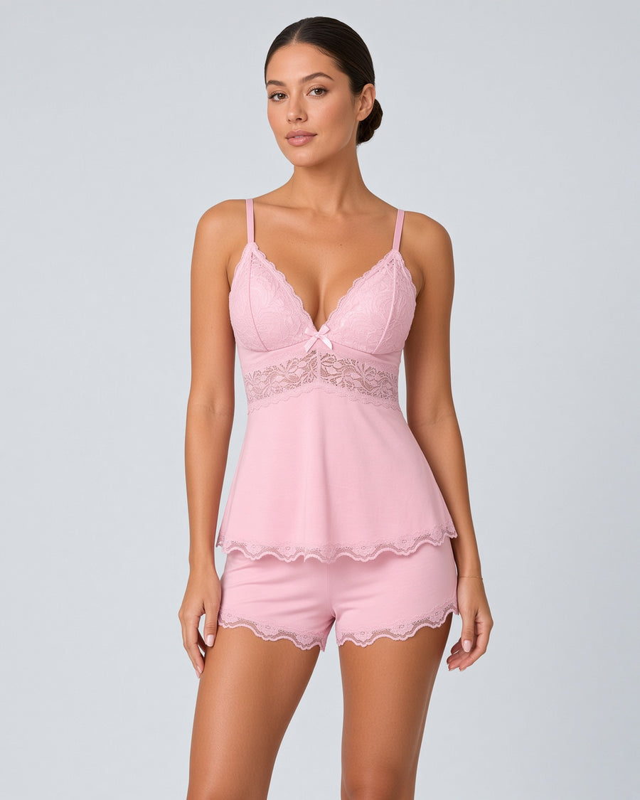 Women's Lace Trim Spaghetti Strap Cami Top & Shorts Pajama Two-piece Set