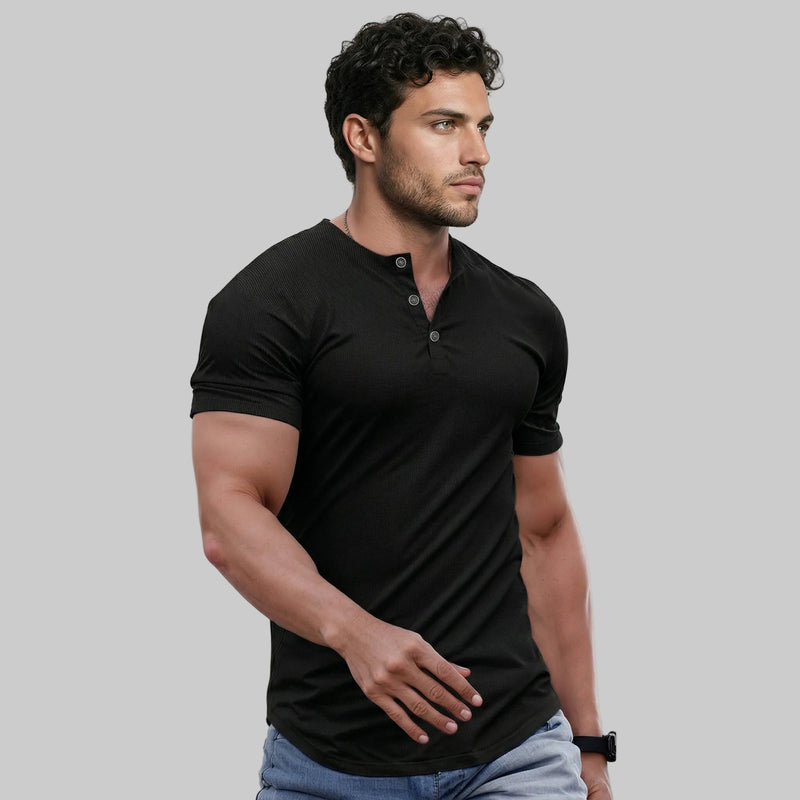 Wellshot Herren Uni Slim Fit Henley Shirts Rundhals Longline T-Shirt Fitnessstudio Workout Athletik Shirt T-Shirts