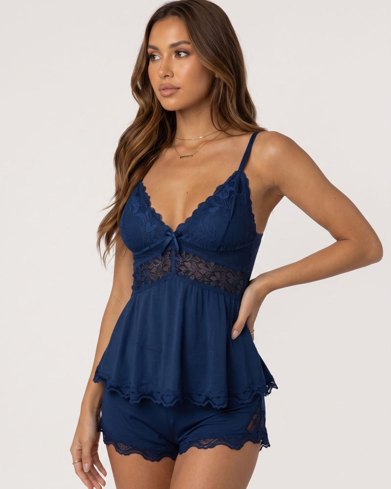 Women's Lace Trim Spaghetti Strap Cami Top & Shorts Pajama Two-piece Set