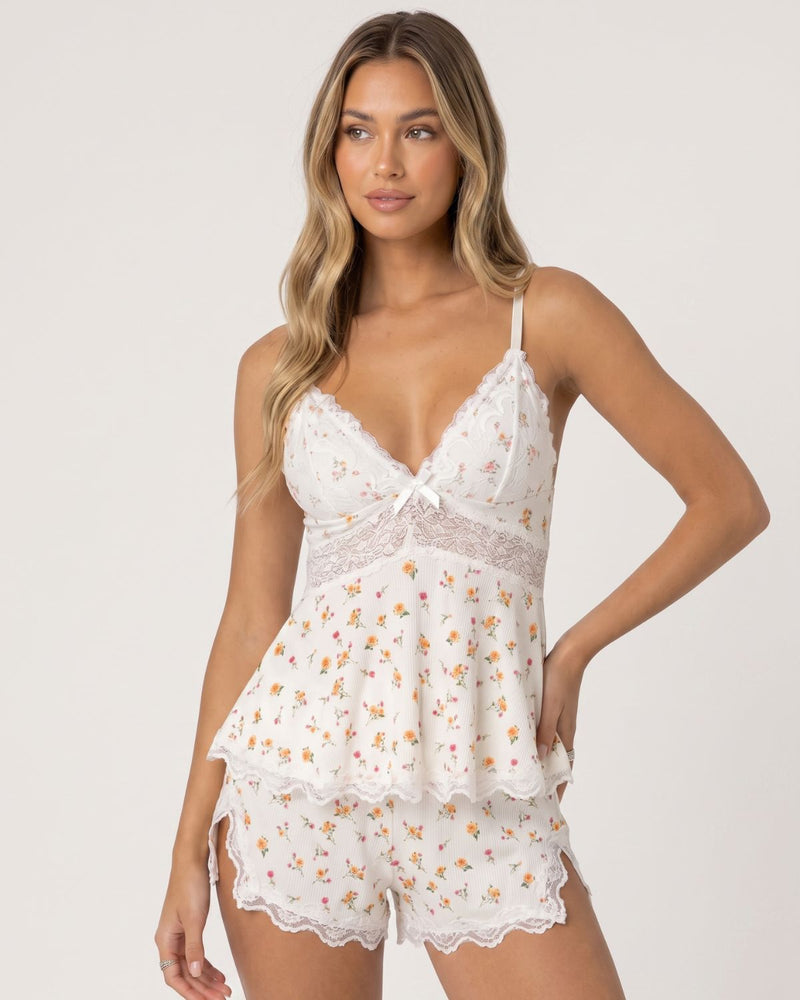 Women's Lace Trim Spaghetti Strap Cami Top & Shorts Pajama Two-piece Set
